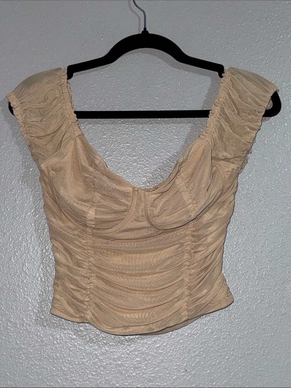 Ruched Scoop-Neck Crop Top in Beige